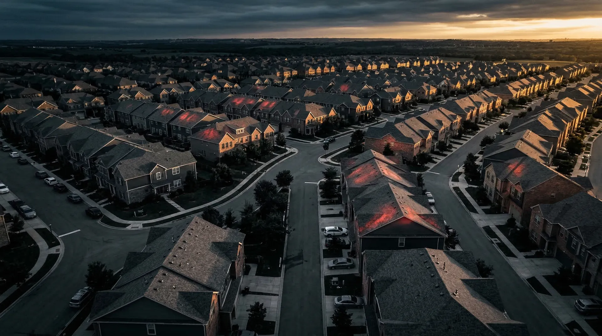 Aerial drone view of HOA community rooftops with thermal overlay