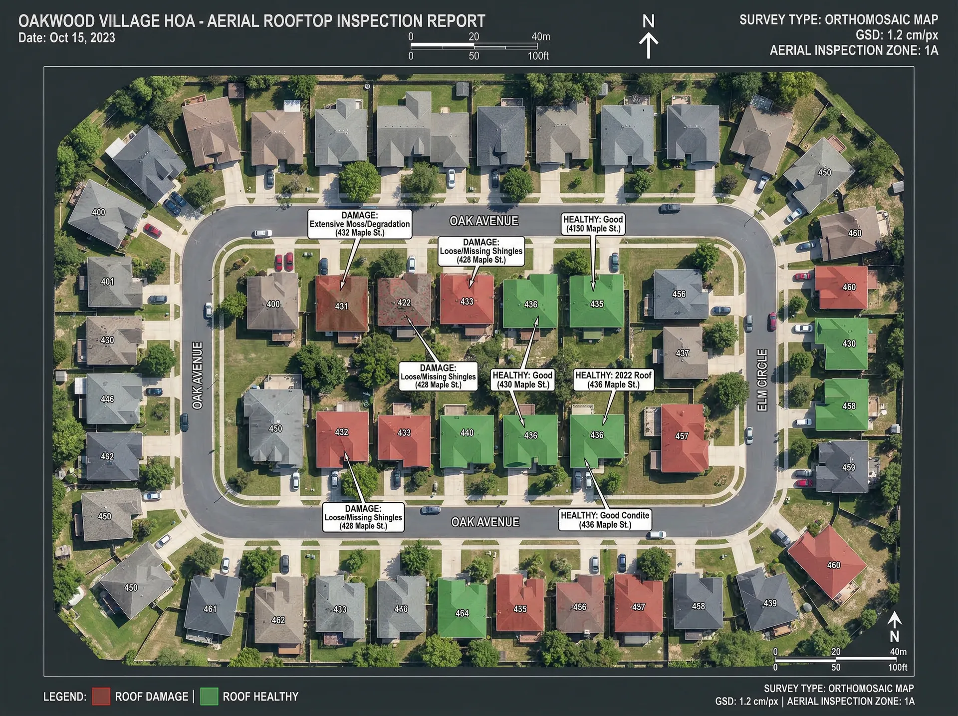 Sample orthomosaic roof inspection map showing damage zones in red and healthy areas in green