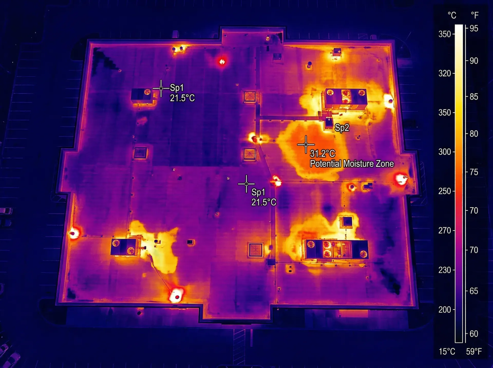 Thermal infrared roof scan showing heat signatures
